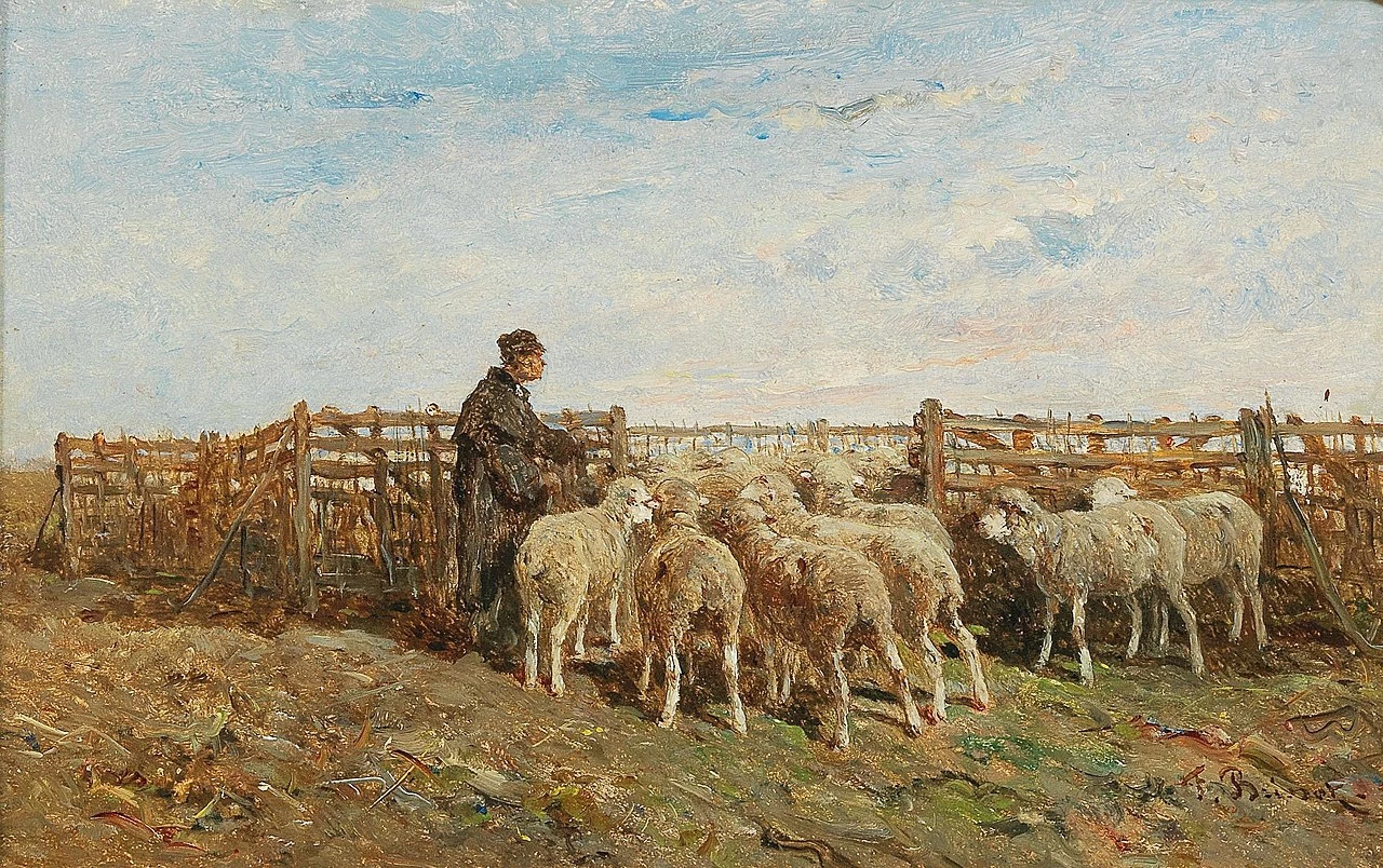 Scena serale con un pastore e il suo gregge